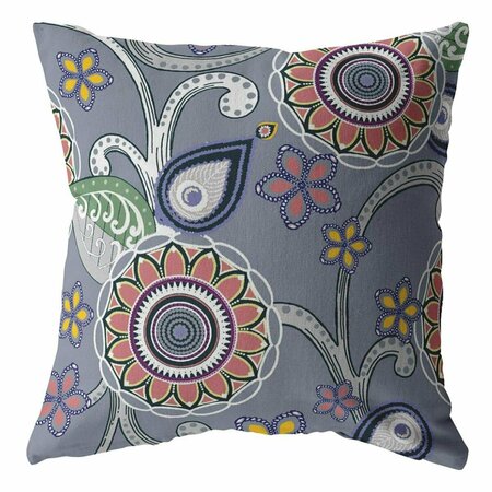 PALACEDESIGNS 28 in. Gray & Pink Floral Indoor & Outdoor Throw Pillow Multi Color PA3677055